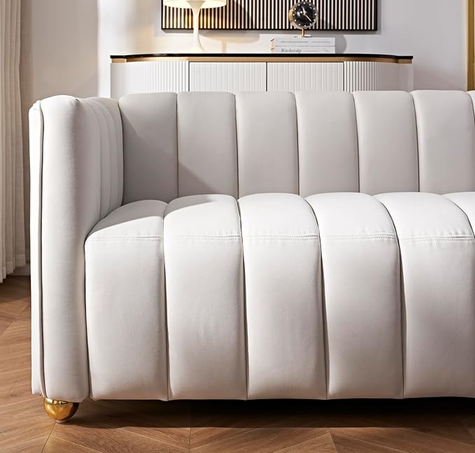 Direct Glam Fabric Upholstered Solid Wood Frame 82.7 Art Deco Sofa for Living Room Office Sophisticated 3 Seater Couch Ivory