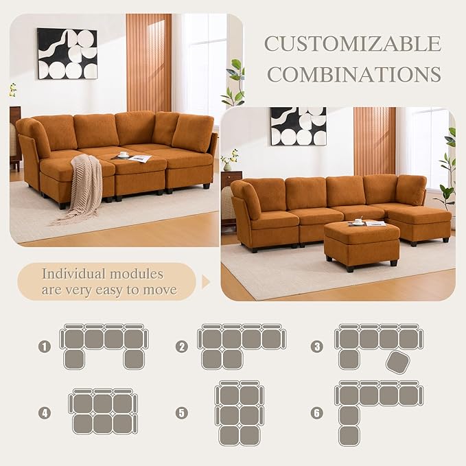 113.39 Modular Sectional Sofa 6 Seaters Sectional Sleeper Sofa U Shaped Couch Comfy Convertible Couches with Ottomans Oversized Modular Sofa with Large Storage for Living Room (Orange)