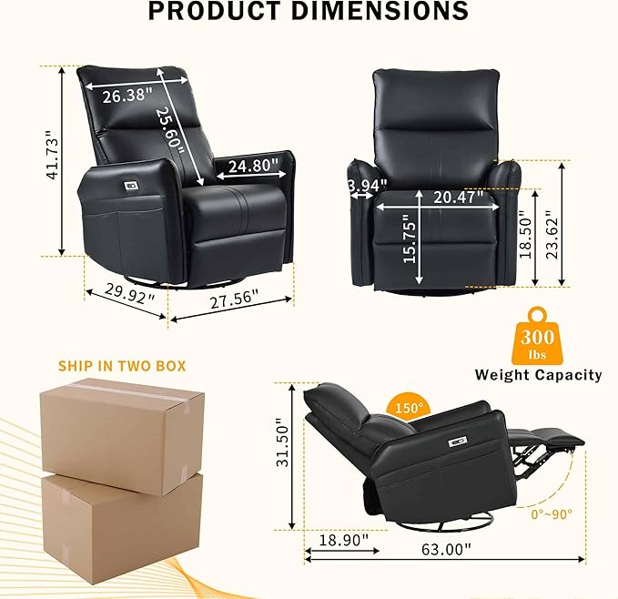 Power Swivel Rocker Recliner Chair for Adults 270° Rocking Recliner ChairElectric Small Recliners for Small Spaces Single Sofa Recliner for Living Room BedroomRV (Black+270°Swivel)