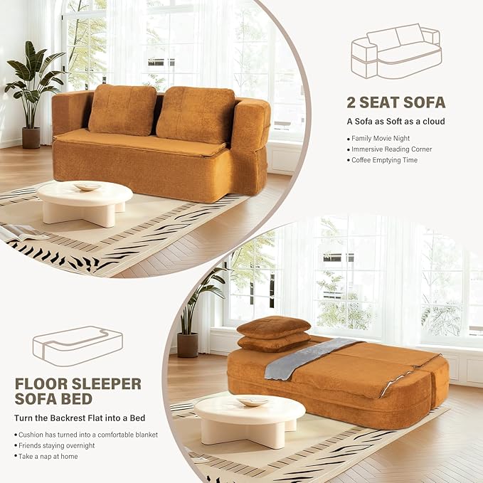 78 Convertible Sofa Bed with Blanket Boneless Cloud Couch Queen Scott Fabric for Living Room Bedroom Modular Loveseat with High-Density Solid Sponge No Assembly Brown