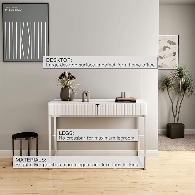 Modern Multi-Purpose Desk White &amp Antique Brass 43 L x 15.75 W 2 Large Drawers Computer/Vanity/Study Adult Size