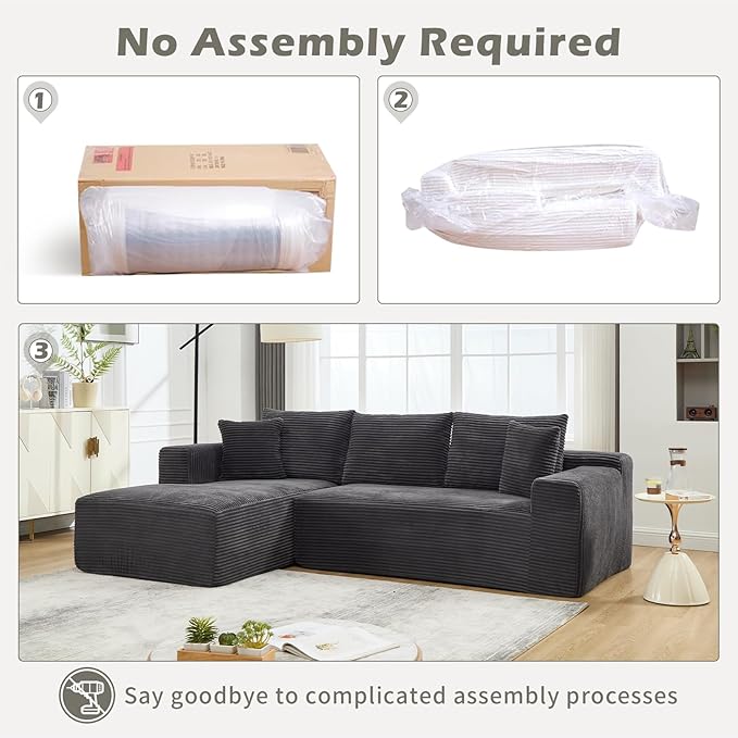 108.3 Modular Sectional Sofa Couches for Living Room Modern Boneless Couch Cloud Foam Floor Upholstered Couches with Chaise L-Shape Sofa Couch for Bedroom Left Facing Chaise Gray