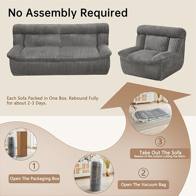 82 Boneless Corduroy Loveseat Sofa for Living Room Oversized Cloud 2-Seater Couch with Deep Seat Comfy Corduroy Couches Sofa with Memory Foam Grey Love Seat Couch No Assembly Required