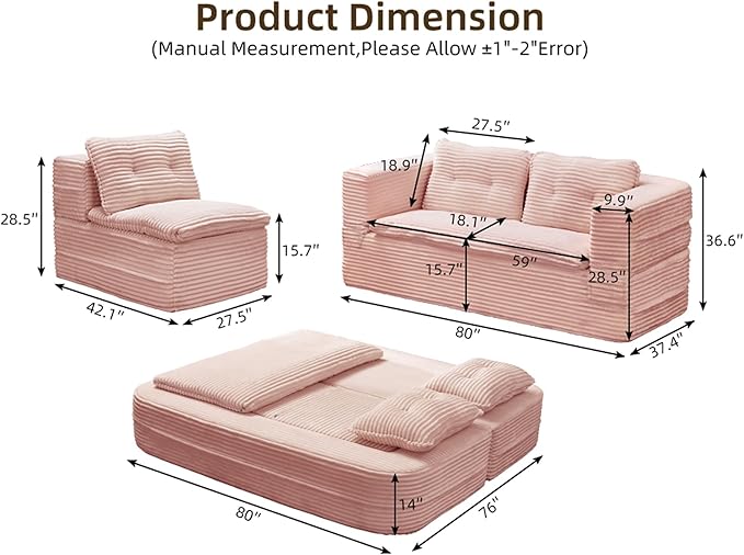 Sleeper Sofa with Chaise Lounge Convertible Sectional Couch Bed Plush Corduroy 3-Seat Sofa with Blanket Deep Seat King Size Sleeper for Small Apartment No Assembly Required (Pink)