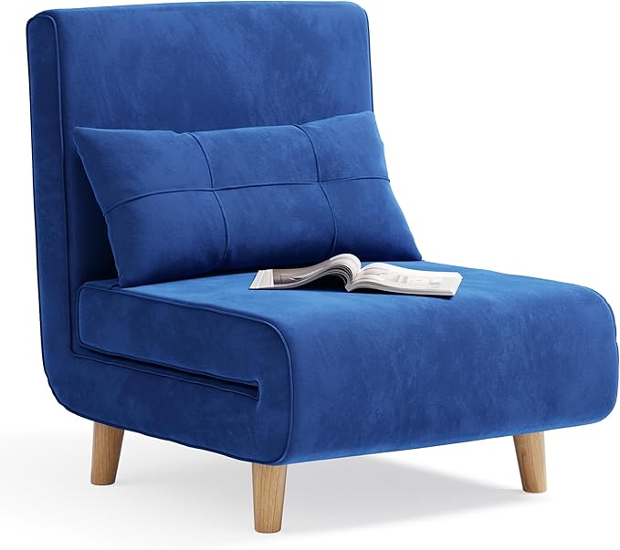 Aiho 3 in 1 Sleeper Chair Convertible Futon Chair Bed Velvet Sofa Bed with Adjustable Backrest Living Room Chair for Apartment/Bedroom/Guest Room Blue