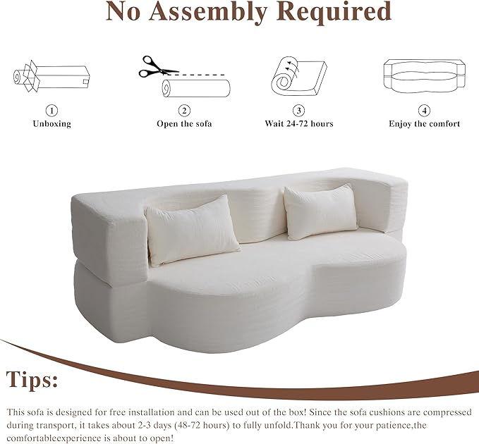 Convertible Sofa Bed 78'' Queen Size Folding Sleeper Sofa with Pillow 2-in-1 Teddy Fabric Boneless Loveseat Floor Couch &amp Mattress for Living Room Guest Room No Assembly Required (White)