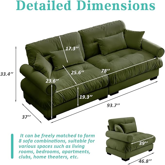 SoarFlash Modern Living Room Velvet Recliner Sofa Small Sofa Loveseat Sofa for Apartment Green