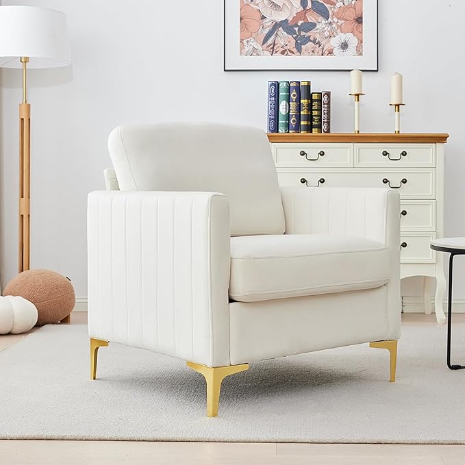 Velvet Accent Chair Upholstered Armchair Modern Single Sofa Chair for Living Room Bedroom Office (Beige)