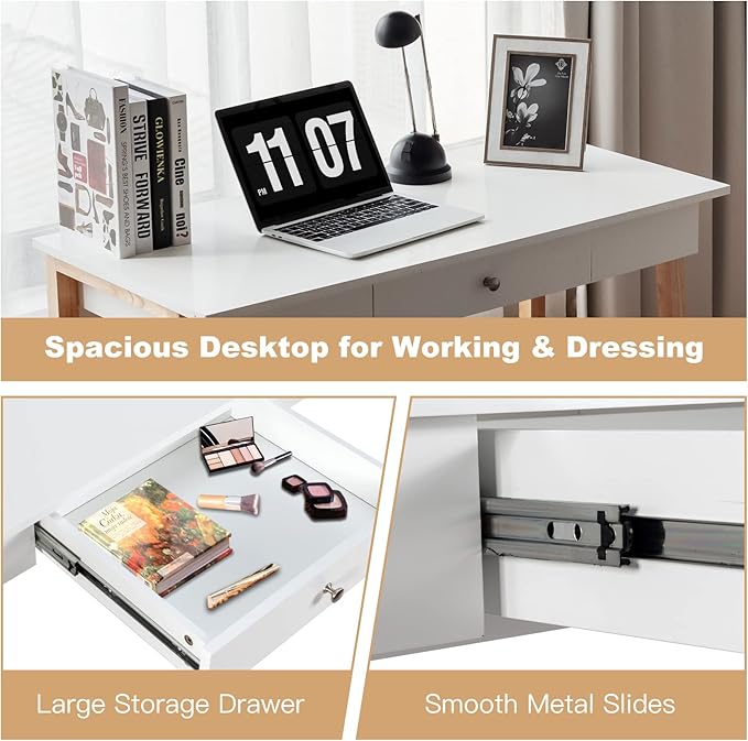 COSTWAY 42 Computer Desk with Storage Drawer Modern Home Office Writing Study Table with Solid Rubber Wood Legs &amp Non-Slip Foot Pads Multifunctional Makeup Vanity Dressing Table (Wood and White