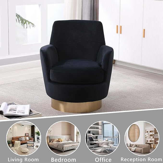 Velvet Swivel Accent Chairs for Living RoomComfy Swivel Barrel Chair with Foam Cushion Round Swivel Chair &amp Boucle Swivel Chair with High Back Round Armrest Gold Base (Black)