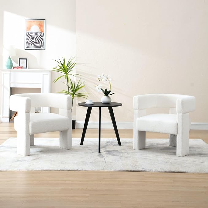 ROCTY White Sherpa Barrel Accent Chairs Set of 2 Upholstered Side Chairs with Arm for Living Room Bedroom Reading