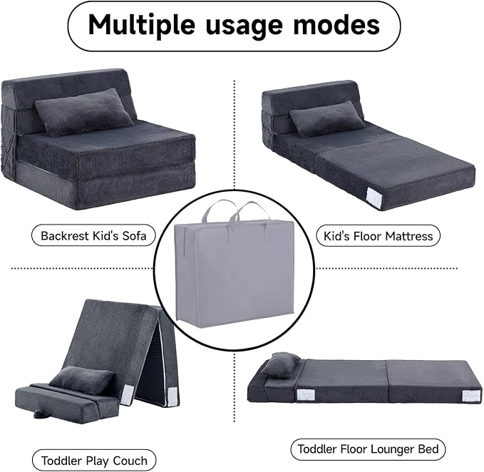 Tiita Convertible Folding Kids Sofa Bed with Pillow &amp Storage Bag Plush Fabric Floor Mattress Couch Bed Washable Cover Kids Room Playroom Dorm Apartment Navy