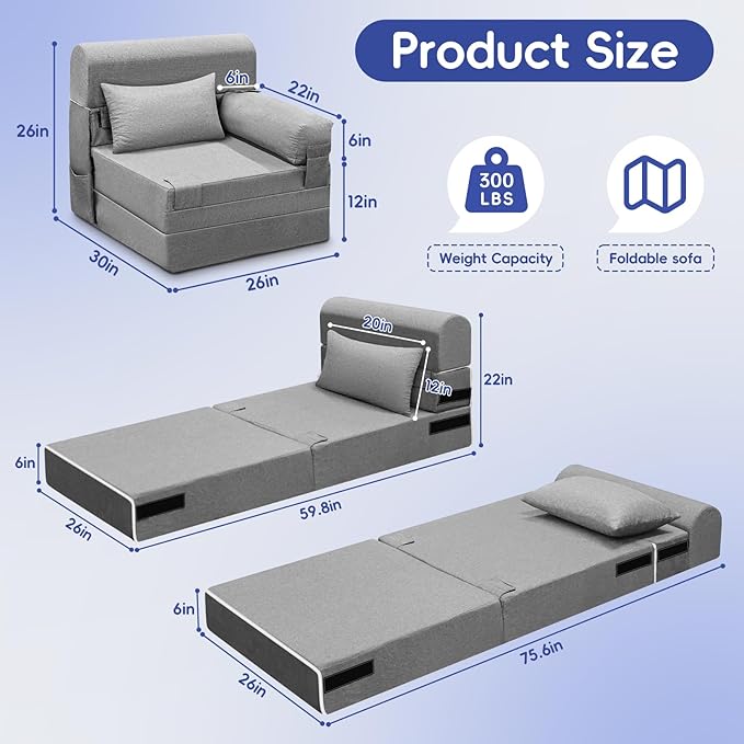 Convertible Folding Sofa Bed-Sleeper Chair with Pillow and Armrest Modern Linen Fabric Floor &amp Futon Sofa Bed Foldable Memory Foam Couch for Living Room/Home Office Single Size Light Gray