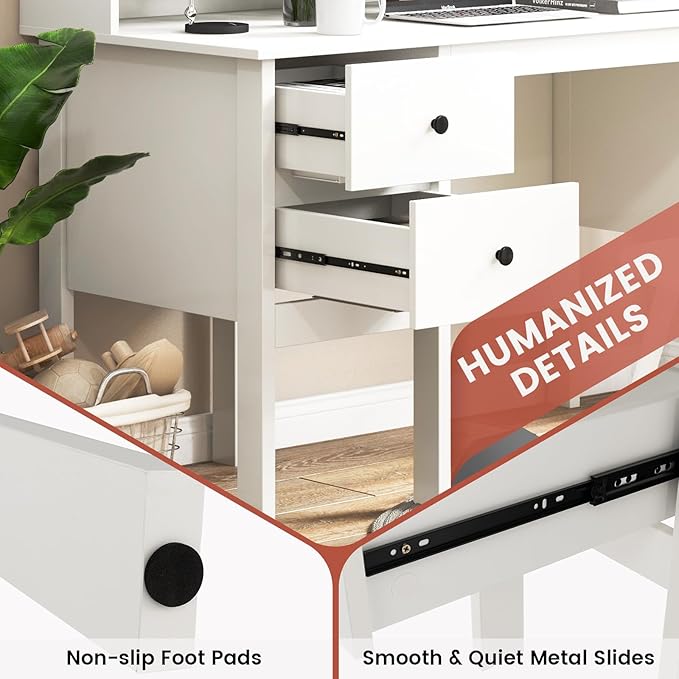 Tangkula White Desk with Drawers &amp Hutch Modern Home Office Desk Writing Study Desk with Charging Station Laptop Desk with 5 Storage Compartments Computer Workstation Makeup Vanity Desk