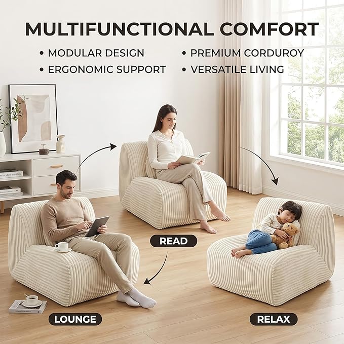 Lounge Chair with Pillow Single Sofa Indoor Couch for Bedroom Game Living Room Lazy Floor Sofa Reading Chair Armless Chair No Assembly Required High Resilience Foam Beige