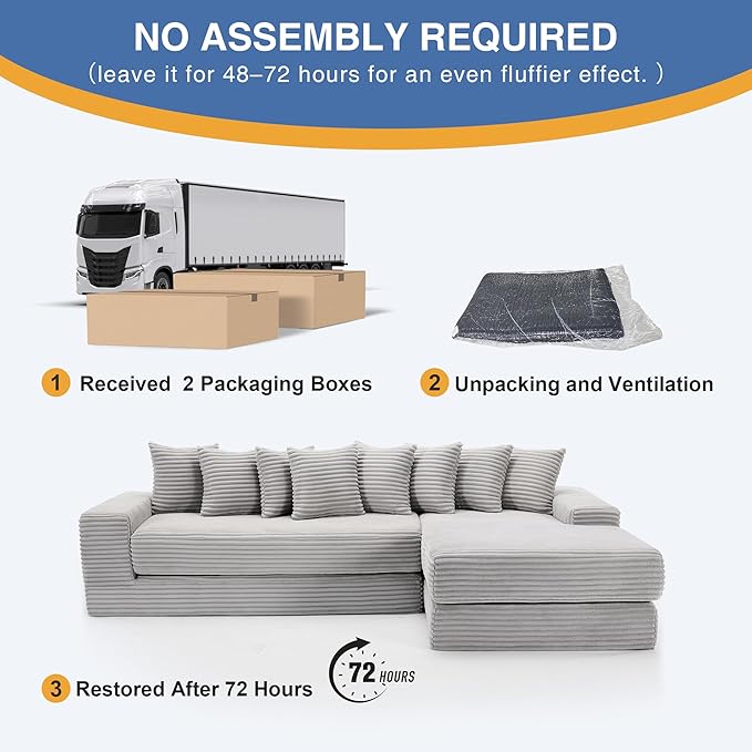 110'' Oversized Cloud Sectional Couches for Living Room Convertible Sleeper Sofa Bed Big Comfy Couch with 2 Side Pockets &amp 8 Pillows Corduroy Free-Combined (Light Gray 110 -Right Facing Chai