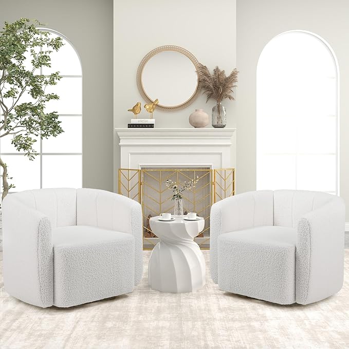 KOMFOTT Swivel Barrel Chair Set of 2 Sherpa Fabric Accent Chair with Curved Backrest &amp Armrests Upholstered Armchair with Wide Seat Pumpkin Shaped Single Sofa Chair for Living Room Bedroom Wh