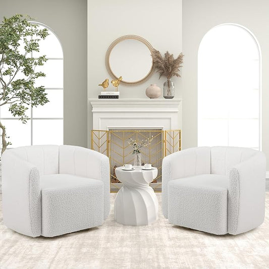 KOMFOTT Swivel Barrel Chair Set of 2 Sherpa Fabric Accent Chair with Curved Backrest &amp Armrests Upholstered Armchair with Wide Seat Pumpkin Shaped Single Sofa Chair for Living Room Bedroom Wh