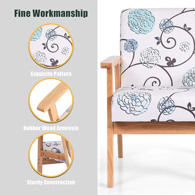 Giantex Mid Century Accent Arm Chair Comfortable Modern Fabric Armchair w/Rubber Wood Pretty Pattern Soft Sponge Decorative Retro Accent Chair for Living Room