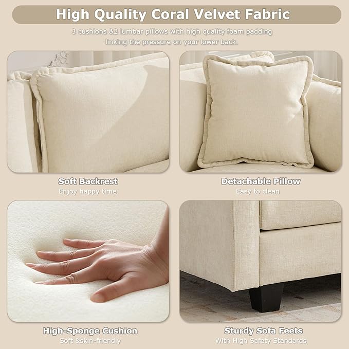 Sofa Couch for Living RoomModern Modular Sectional Sofa 2-Seat 78 Chenille Removable Memory Foam Sofa with 2 Throw Pillows2 Lumbar Pillowsfor Bedroom ApartmentBeige