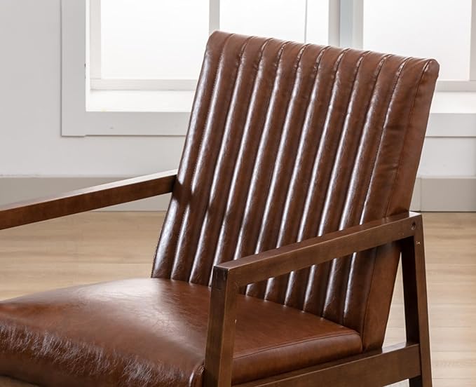 CIMOTA Leather Modern Rocking Chair Mid Century Armchair Upholstered Arm Chair with Padded Seat/Wood Frame Comfy Rocker for Living Room/Bedroom Retro Dark Brown PU