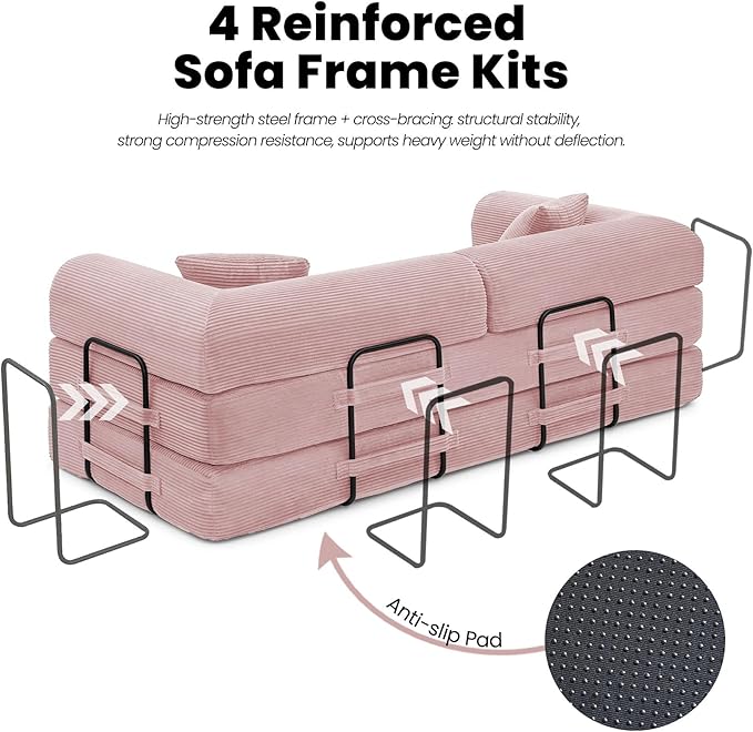 79 Convertible Sofa Bed 5-in-1 Modular Folding Boneless Couch Pull Out Floor Sleeper Cozy Lounger for Living Room or Bedroom Multi-Purpose Foldable Sofa (Pink)