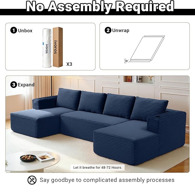 132 Cloud Couch Sectional Modular Sofa with Cup Holder and Deep Seat Corduroy U Shaped Boneless Sofas Couch in a Box No Assembly Required Blue Couches for Living Room