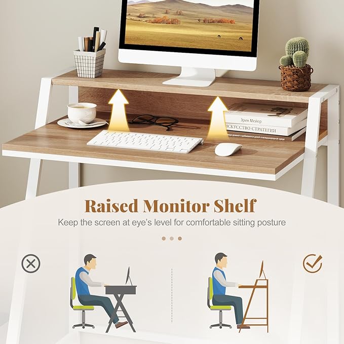 Giantex Small Computer Desk 31.5 Compact Home Office Desk with Monitor Stand &amp Sturdy Frame 2-Tier Space-Saving Study Writing Desk for Small Spaces Apartment and Bedroom (Natural)