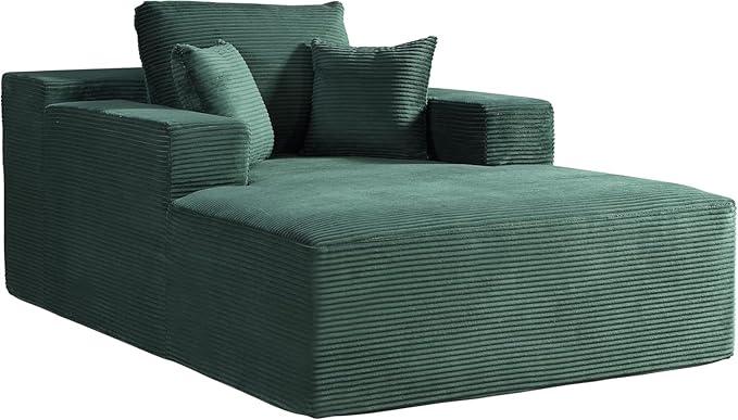 Monroe Convertible Chaise Lounge Chair Indoor – Oversized Corduroy Couch with Wide Armrest &amp Throw Pillows Cozy Boneless Sleeper Sofa Bed Armchair Dark Green