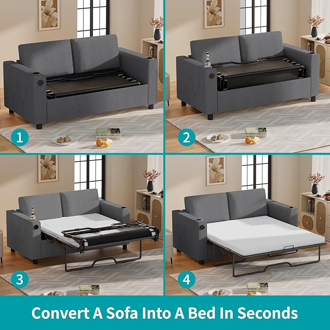 BALUS Pull Out Sofa Bed Full Size Sleeper Sofa with Inbuilt Cup Holder &amp USB Ports 2-in-1 Convertible Pullout Couch with Memory Foam Mattress for Living Room Home Office Dark Grey