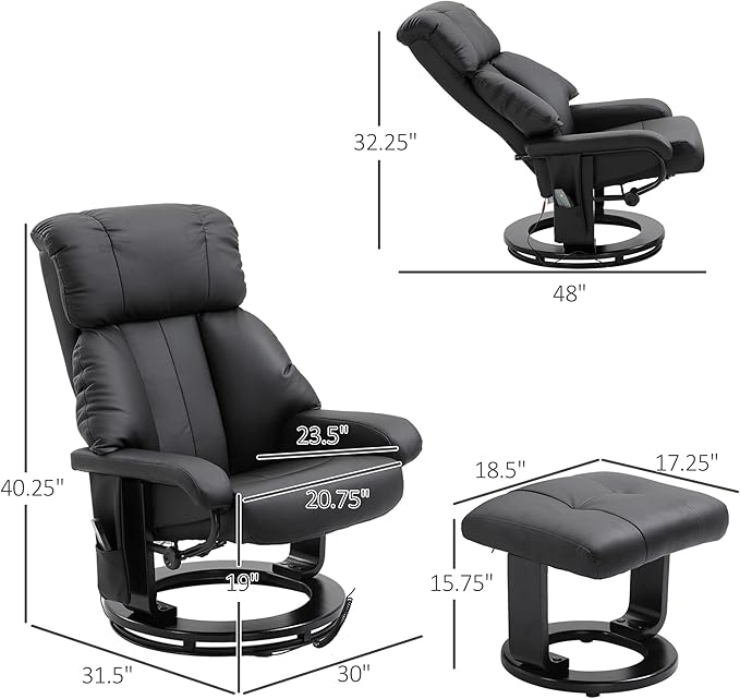 Modern PU Leather Massage Recliner Chair with Ottoman Swivel Wood Base for Living Room Relaxation - 10 Zones