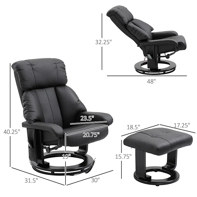 HOMCOM Massage Recliner Chair with Ottoman 360° Swivel Recliner and Footstool 10 Point Vibration PU Leather Reclining Chair with Side Pocket and Remote Control Black