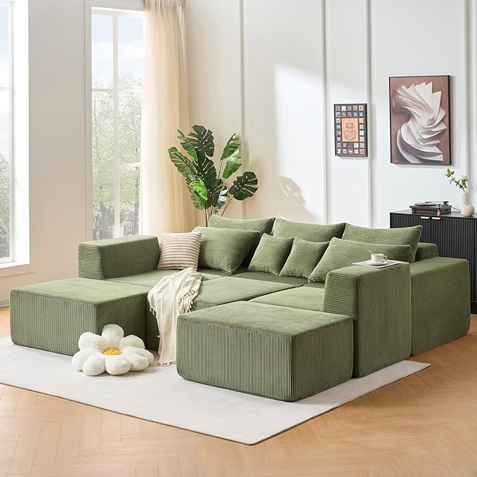 155 Oversized Cloud Boneless Couches for Living Room U-Shaped Modular Sectional Sofa with Deep Seat 8 Seater Boneless Couch with Ottoman &amp Pillows DIY Combination Modular Couch (Green 155)