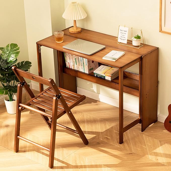 Modern Folding Computer Desk Walnut Bamboo 31 Inch Space Saving 1 Shelf