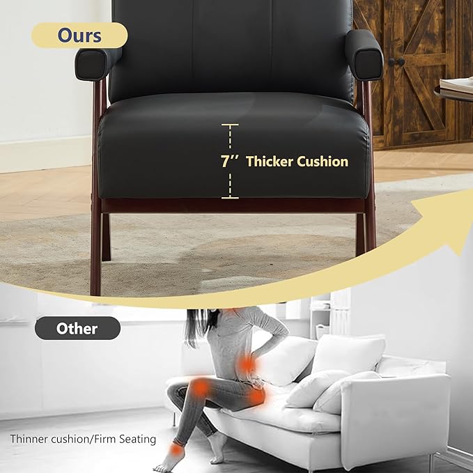 AODAILIHB Black Leather Accent ChairMid Century Modern Accent Chair Solid Wood Frame Black Leather Armchair Modern Reading &amp Living Room Chair for Office Guest &amp Waiting Room