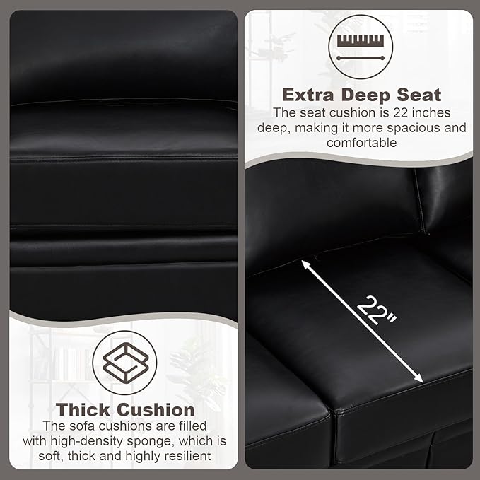 3 Piece Faux Leather Sofa SetMid Century Modern Couch and Loveseat Sets with StorageComfy Deep Seat Sofa with Nailhead Trim &amp Rolled Arm for Living RoomOffice(Armchair+Loveseat+3 SeaterBlack)