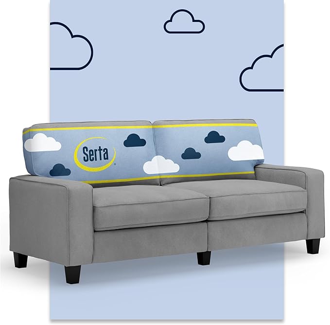Serta Palisades 78 Track Arm Sofa Easy Care Polyester Soft Pillow Back Pocket Coil Seat Cushions Removable Covers Loveseat or Couch for Small Spaces Living Rooms or Bedrooms Glacial Gray