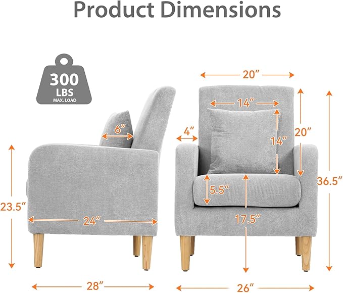 Upholstered Sofa Chair with Pillow Fabric Accent Armchair with Wooden Legs Comfy Lounge Chair for Living Room Bedroom or Office Supports up to 300 lbs (Gray)