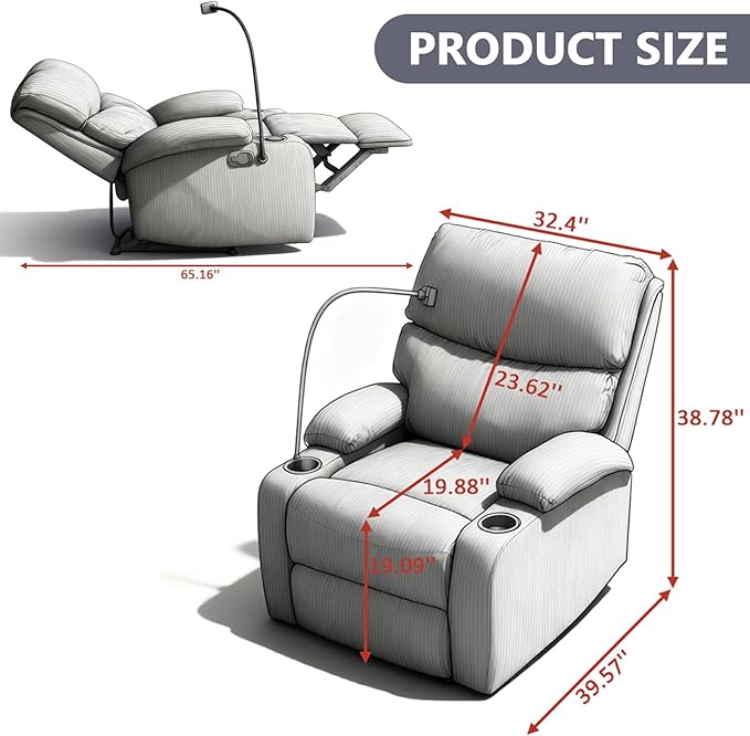 Manual Recliner ChairModern Corduroy Reclining Chairs with Phone Stand &amp Cup HoldersOverstuffed Single Sofa Recliner for AdultsLiving Room Bedroom Home Theater (Dark Grey)