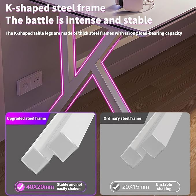 Large Gaming Desk K-Shaped PC Gaming Table for Home Office Ergonomic Computer Desk Space-Saving Easy Assembly (White 32 Inch)
