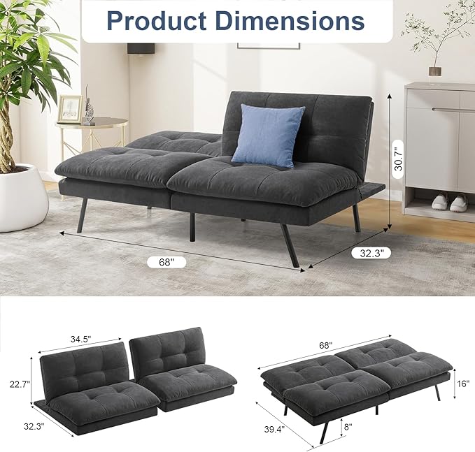MUUEGM Futon Sofa Bed Couch - Convertible Sofa Bed Loveseat Sleeper Sofa with Adjustable Backrest Memory Foam Folding Futon for Living Room Small Space Apartment Office Gray to Black