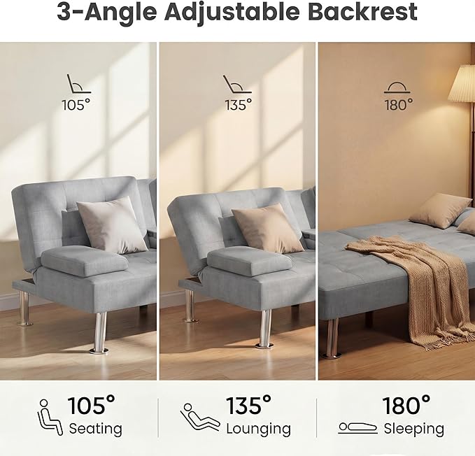YESHOMY Modern Futon Sofa Bed Convertible Futon Couch with Adjustable Backrest Futon Loveseat Sleeper Sofa Bed with Armrest for Living Room Small SpacesLinen Fabric Light Gray