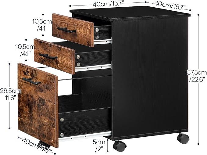 HOOBRO 3-Drawer File Cabinet Wooden Under Desk Filing Cabinet fits A4/Letter Size for Home Office Small Rolling Storage Drawer Chest Printer Stand with Drawers Rustic Brown and Black BF02WJ01G1