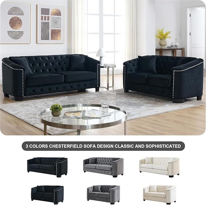 2 Piece Modern Chesterfield Velvet 77 3-Seater+59 Loveseat Sofa Set Upholstered Tufted Backrests with Nailhead Arms and 4 Cushions for Living Room Bedroom ApartmentBlack