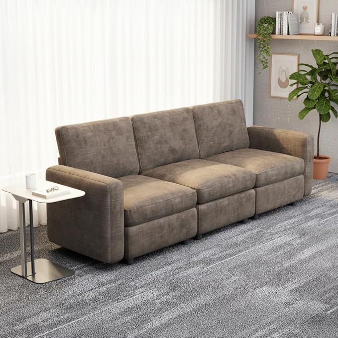 Modern Brown Modular Sofa with Deep Seating Soft Cushions Sectional Couch Available in Loveseat or Multi-Seat Options Minimalist Design for Office Living Room or Bedroom (3-Seater Sofa)