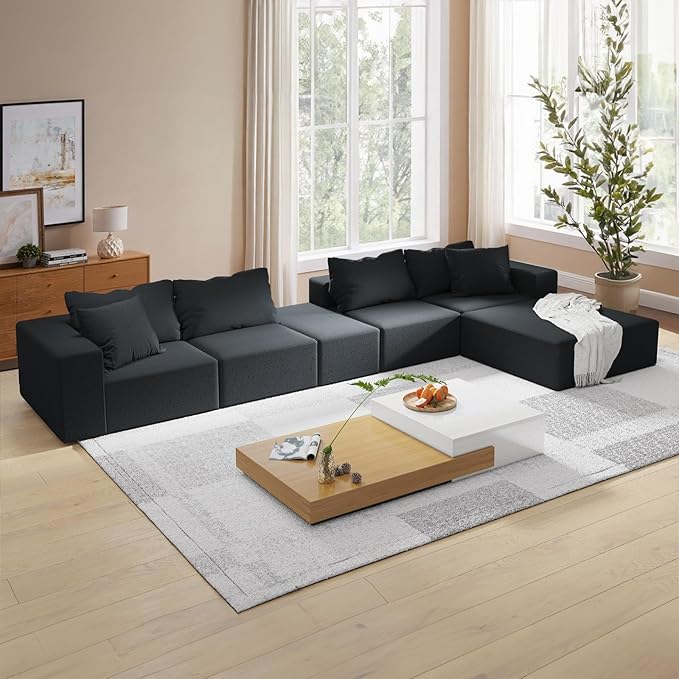 170” Modular L-Shaped Sectional Sofa Cloud Chenille Couch with 6 Pillows No-Assembly Customizable Sofa for Living Room &amp Bedroom Black