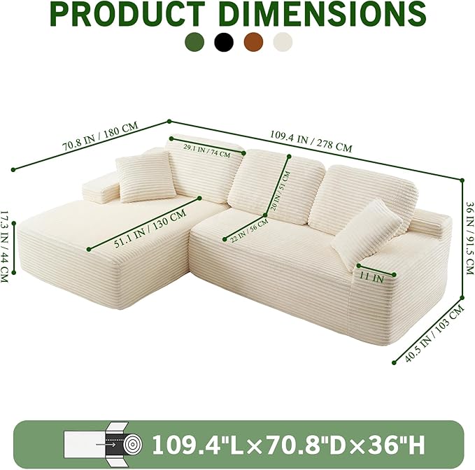 109.4” Modular Sectional Sofa Convertible Sofa Bed No Assembly Required Cloud Couch with Deep Seat Modern L-Shaped Boneless Sofa for Living Room (Beige)