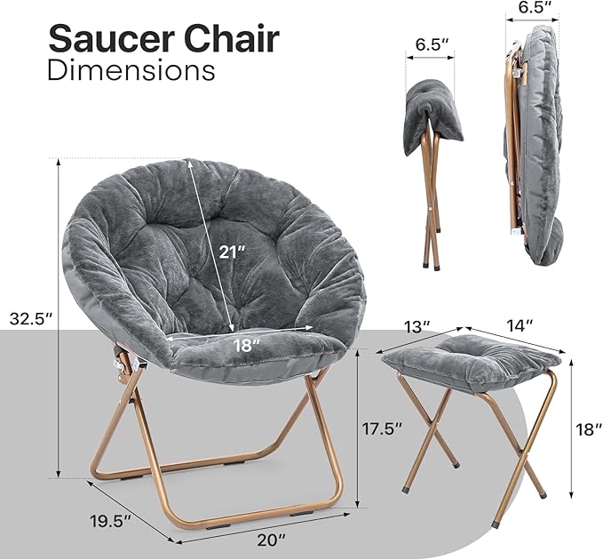 Foldable Oversized Moon Chair with Footrest Large Faux Fur Round Saucer Moon Chair with Folding Footrest Stool for Teens and Adults