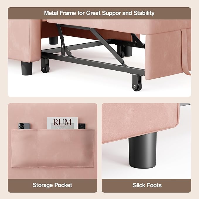Ahomly Convertible Sleeper Chair Sofa Bed with 3-in-1 Design Adjustable Backrest and Storage Pocket for Living Room Pink