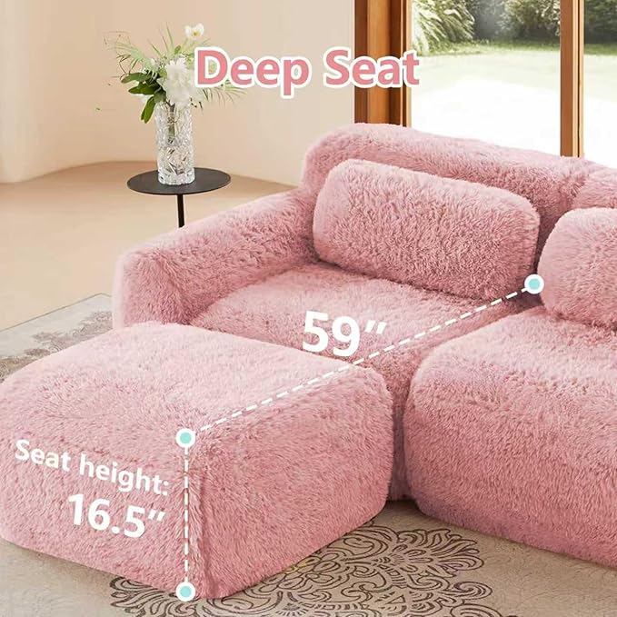 80 Sectional Couches for Living Room Comfy Boneless Couch 2 Seater Cloud Sofa Compressed Loveseat with Ottoman Modern Love Seat in a Box Fluffy Plush Floor Couch No Assembly (Pink)